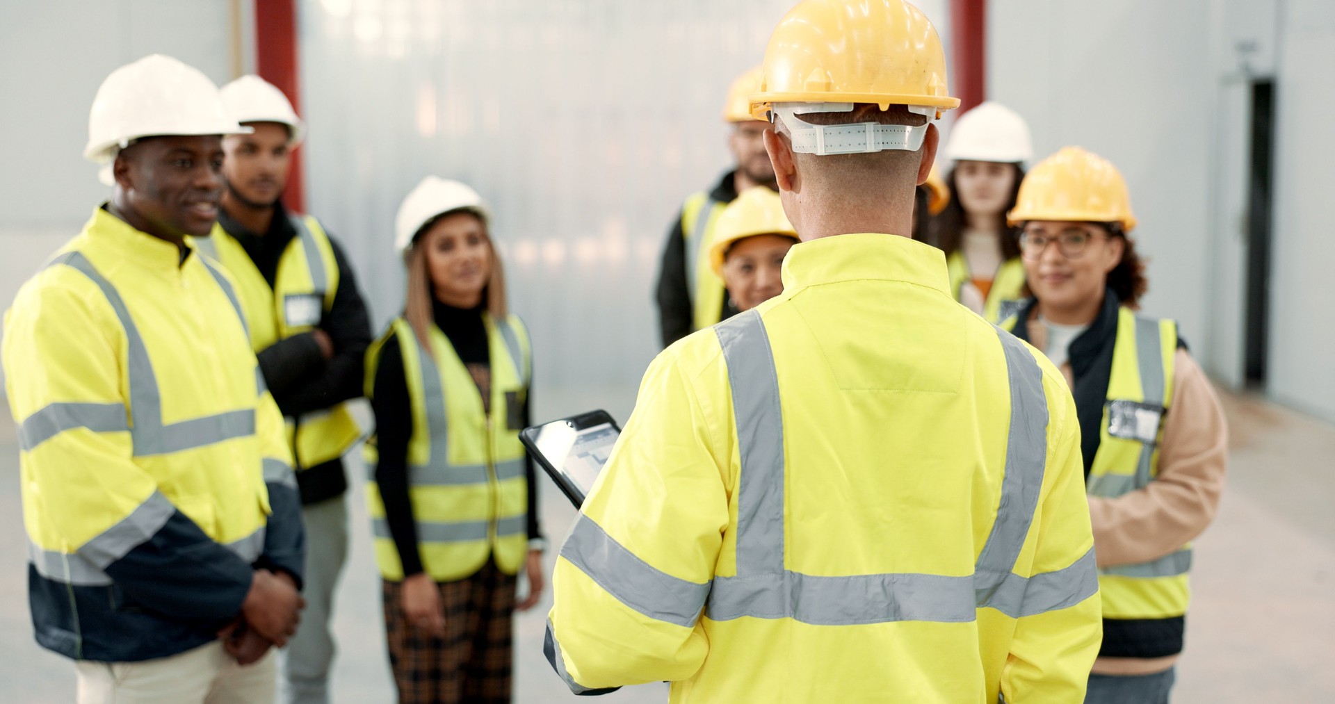 Construction, teamwork and people in meeting for planning, brainstorming and discussion in building. Architecture, engineering and men and women for inspection, training development and project